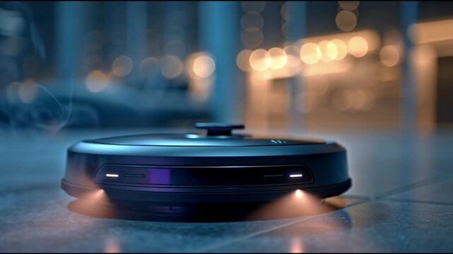 Sleek robotic vacuum cleaner gliding across a modern floor, illuminating its path in a smart home setting. Advanced technology for effortless automation and pristine living