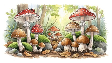 Watercolor Painting of Forest Mushrooms With Ladybug and Autumn Leaves Scene.jpg