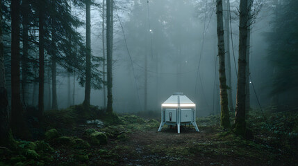 Futuristic research station in a misty, dark forest with glowing lights