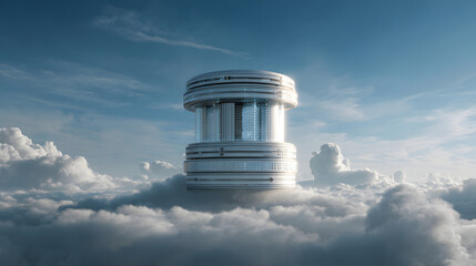 Futuristic cylindrical building floating serenely above a sea of clouds