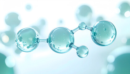 透明感のあるアクア分子構造｜美容成分イメージの3D球体とボケ背景 / Transparent aqua molecular structure, glossy 3D spheres with soft bokeh, skincare ingredient concept