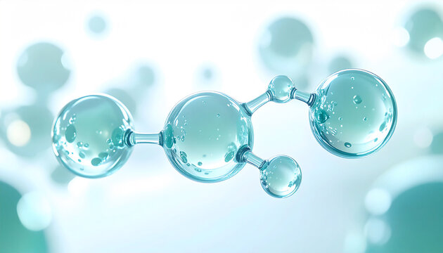 透明感のあるアクア分子構造｜美容成分イメージの3D球体とボケ背景 / Transparent aqua molecular structure, glossy 3D spheres with soft bokeh, skincare ingredient concept - Powered by Adobe