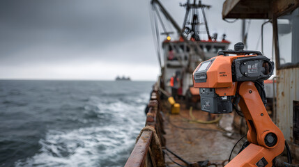 Advanced robotic arm mounted on a weathered fishing vessel at sea on a cloudy day