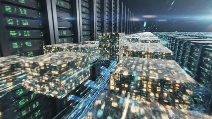 Abstract data flow through server racks digital information processing technology concept for network and cloud. - Powered by Adobe