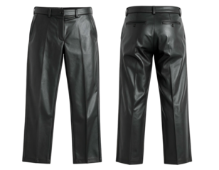 Black faux leather trousers, front and back views