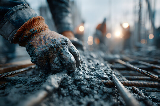 A groundworker skillfully pours concrete onto a metal grid at a construction site. This image highlights the crucial step of laying a solid foundation for building projects.