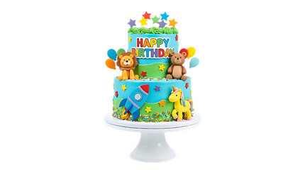 Vibrant birthday cake with teddy bears and unicorn for kids party