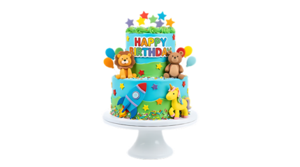 Vibrant birthday cake with teddy bears and unicorn for kids party