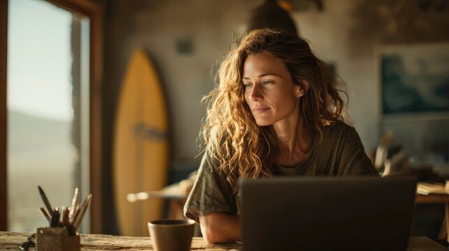beautyful woman immersed in work, seated comfortably at a sleek wooden desk in a bright, cozy beach front house.