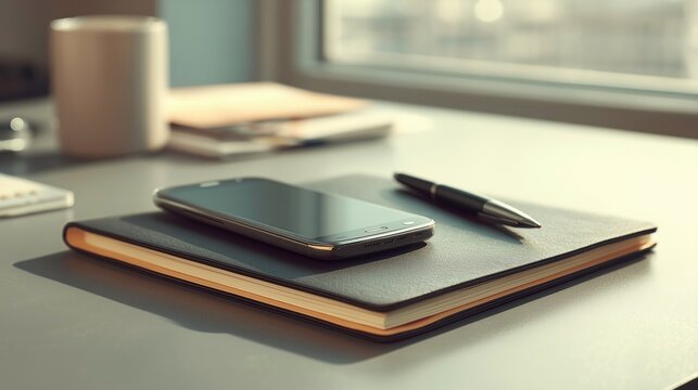 smartphone a pen on a black paper notebook, placed on a contemporary modern desk