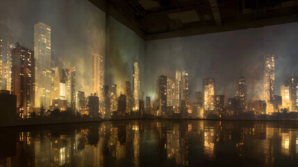 Immersive projection art displays a glowing cityscape at night with reflections on the floor