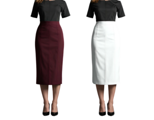 Two women in black tops and skirts, burgundy and white