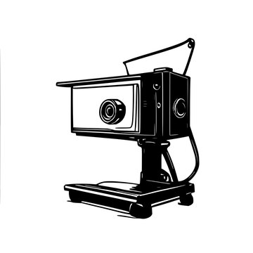 Portable mini movie projector black line art illustration, minimalist vector design on stark white background for tech product visuals