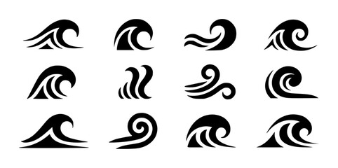 Collection of stylized black wave a white background water ocean