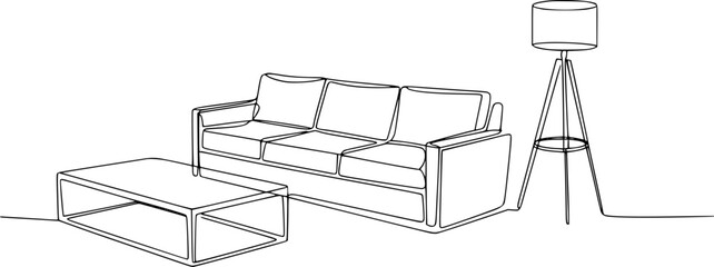 Continuous of a modern sofa and tripod floor lamp next to a rectangular coffee table couch furniture