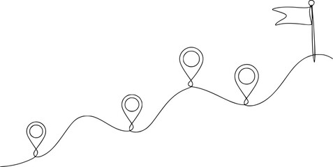 Continuous of a winding path with location pins leading to a flag a hilltop road journey