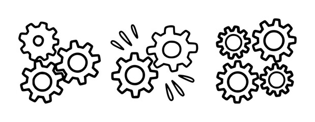 Distinct arrangements of black outline gears a white background representing teamwork and mechanics mechanism