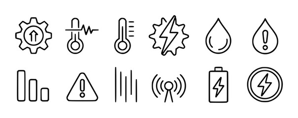 Set of simple outline representing technology and warning symbols including gear with arrow battery signal strength and thermometers