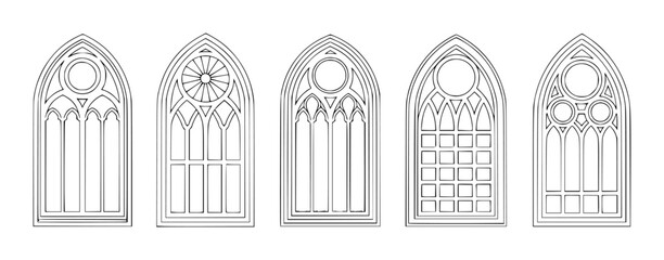 Set of gothic arched windows with decorative tracery and varied window pane architecture medieval