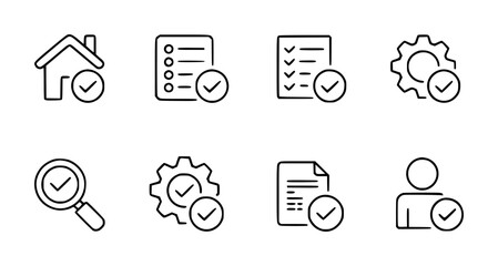 Set of simple representing approval and verification for various concepts like home, lists, gears, search, and user profiles