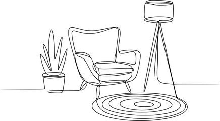 Single of a comfortable armchair with a floor lamp and potted plant a rug furniture