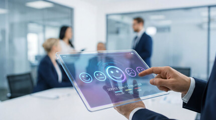 Business Team Evaluates Service Quality Using Digital Feedback Tablet in Modern Office. tablet displays smiley ratings and feedback metrics, highlighting focus on customer satisfaction and collab.