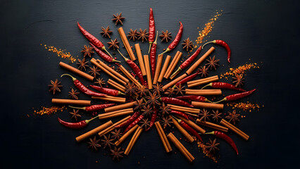Flat lay of red chili peppers cinnamon sticks and star anise arranged in a starburst pattern on a black background