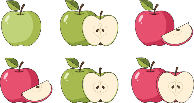 Collection of red and green apple vector illustrations featuring whole fruits half slices and wedges with seeds isolated on white background set.