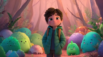 Young Boy with Backpack Standing in Colorful Forest with Cartoon Creatures