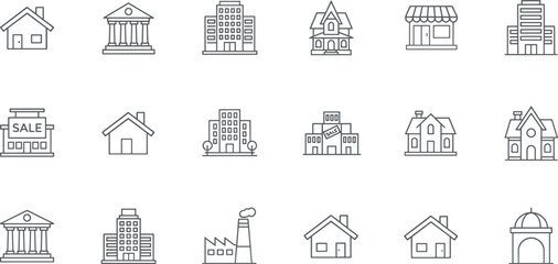 Obraz premium Real estate and architectural icon set featuring residential houses office buildings banks shops and industrial factory symbols for urban,