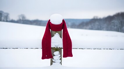 A red scarf draped over a snow-covered wooden fence post in a vast winter landscape with white hills and trees under an overcast sky.