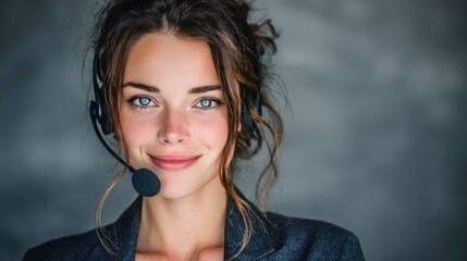 Woman with headset smiling portrait