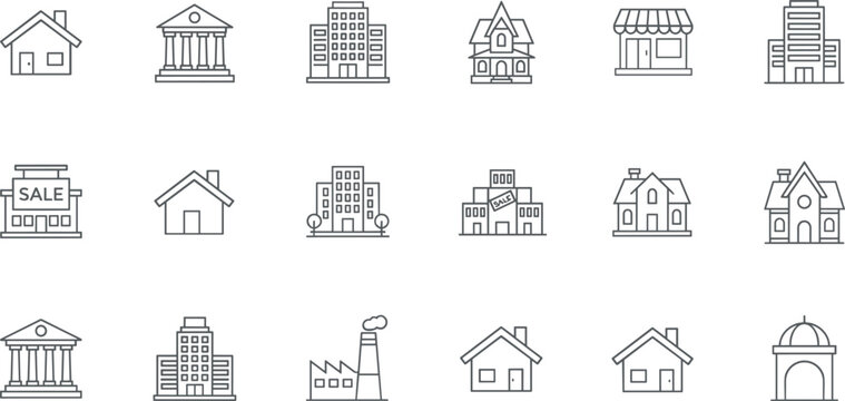 Real estate and architectural icon set featuring residential houses office buildings banks shops and industrial factory symbols for urban,