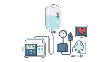 Comprehensive collection of medical equipment for critical patient care, including an IV bag, infusion pump, blood pressure monitor, oxygen mask, syringe, and heart rate monitor.