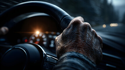 Action of a driver is gripping on steering wheel to control the car during driving. Transportation mode with close-up and selective focus on the hand.
