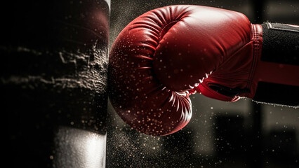 Hand in red boxing glove hitting punching bag. Concept of power, training, and athletic pursuit. Ideal for fitness and sports promotion.