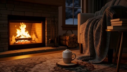 A warm and inviting winter scene featuring a crackling fireplace, a cozy armchair with a blanket, and a hot drink on a rustic coaster.