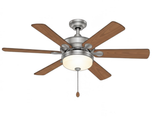 Modern ceiling fan with wooden blades and integrated light fixture isolated on transparent background