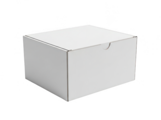 A simple, white cardboard box with a slightly open lid isolated on transparent background