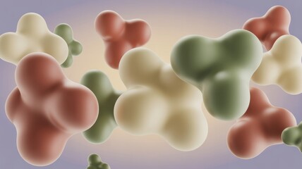Abstract three dimensional render of floating bone shaped organic blobs in pastel colors