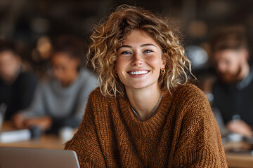 Successful virtual teamwork. Laughing gen z girl remote employee blended learning student communicate by videocall via notebook sit at table in cozy coworking space collaborate on online group project