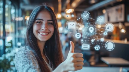 Woman with thumbs up and digital icons