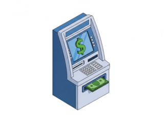 Modern blue automated teller machine displaying dollar sign isolated on transparent background