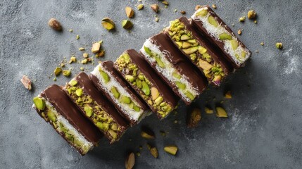 Row of chocolate and nut bars are piled on top of each other. The bars are covered in chocolate and have nuts on top