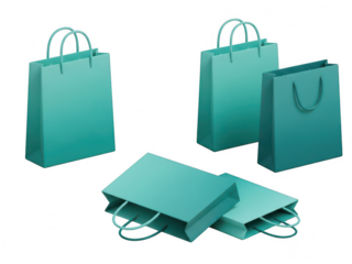 Collection of teal shopping bags in various styles isolated on transparent background