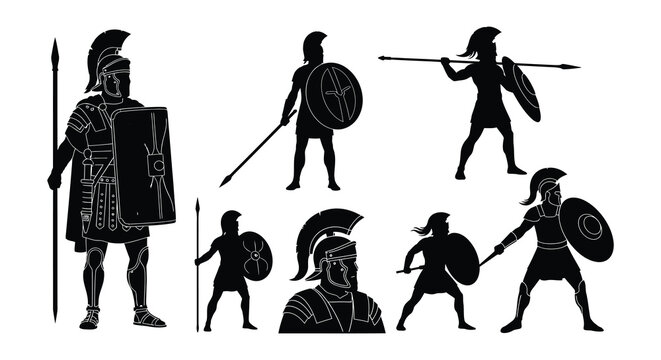 Ancient greek spartan warriors in silhouette demonstrating various combat stances