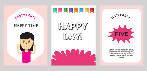 Vibrant vector birthday party invitation card templates set featuring a happy cartoon girl, colorful bunting flags, and celebratory typography design.