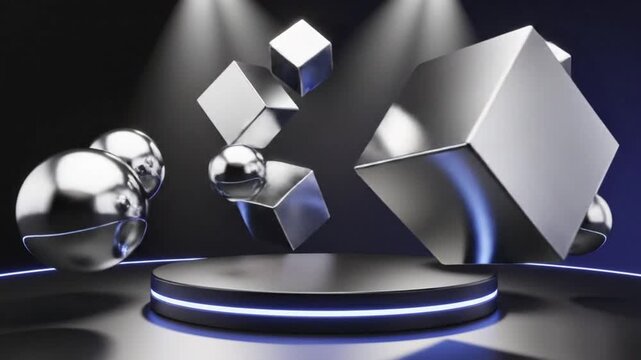 Futuristic 3D Metallic Shapes Floating in Dark Abstract Space
