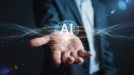 Artificial intelligence concept with a businessman holding a glowing ai icon
