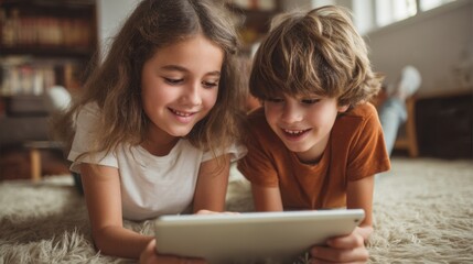 Obraz premium Two children are laying on the floor, looking at a tablet. They are smiling and seem to be enjoying themselves